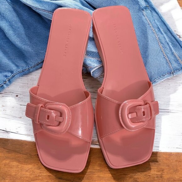 Veronica Beard Davina Jelly Slides Sandals Dragon‎ Fruit Pink Buckle Detail Size - Picture 1 of 6